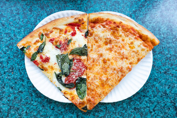 Margherita and Cheese New York City Style Slices on Paper Plates