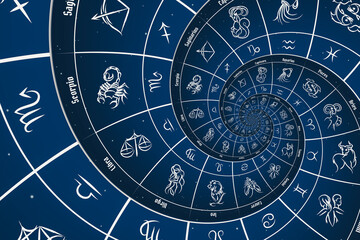 Astrological background with zodiac signs and symbol.