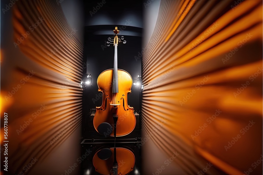 Poster a violin is sitting on a stand in a room with a curtained wall behind it and a black background with