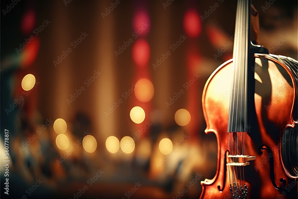Poster a violin is sitting on a table in a room with lights in the background and a blurry photo of a stage