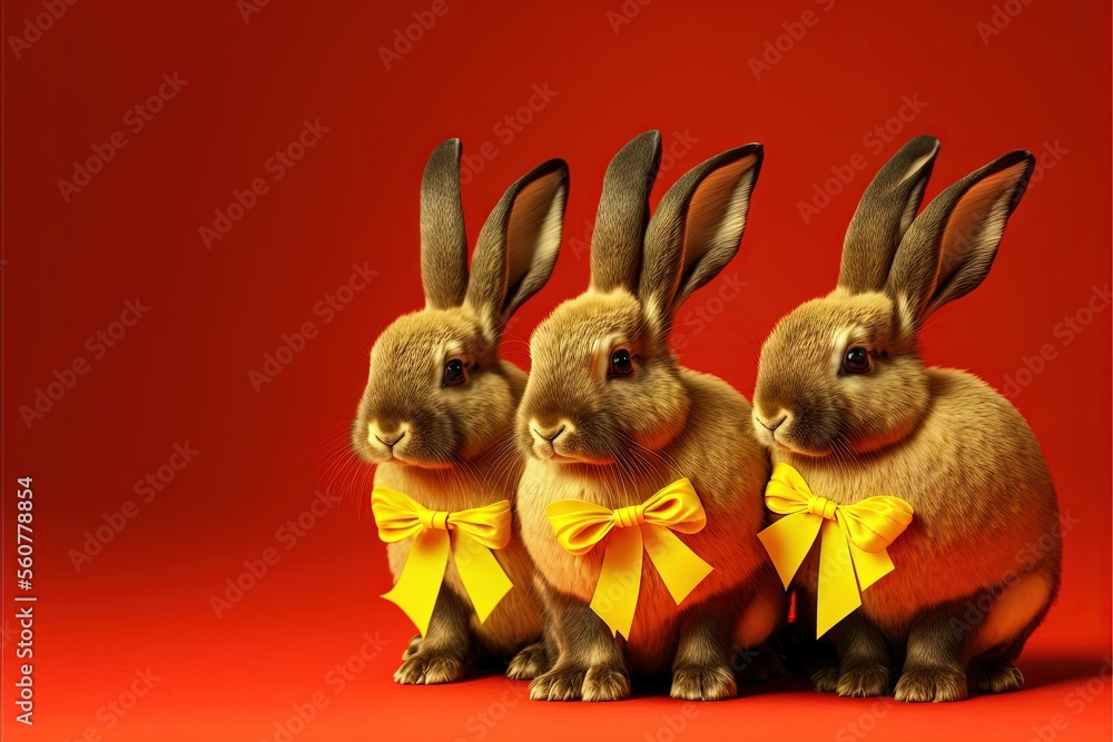 Poster three rabbits wearing yellow bows and sitting next to each other on a red background with a red back