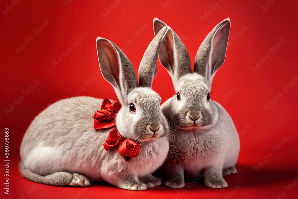 Poster two rabbits with red bows on their ears are sitting next to each other on a red background with a re