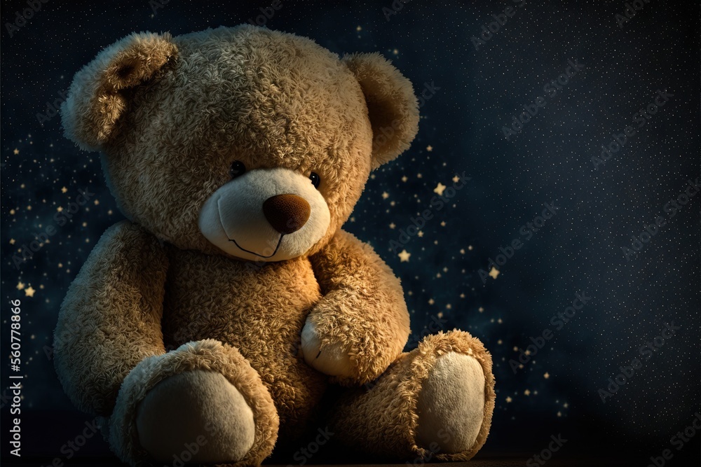 Poster a bear sitting on a table with stars in the background and a dark background with a light shining on