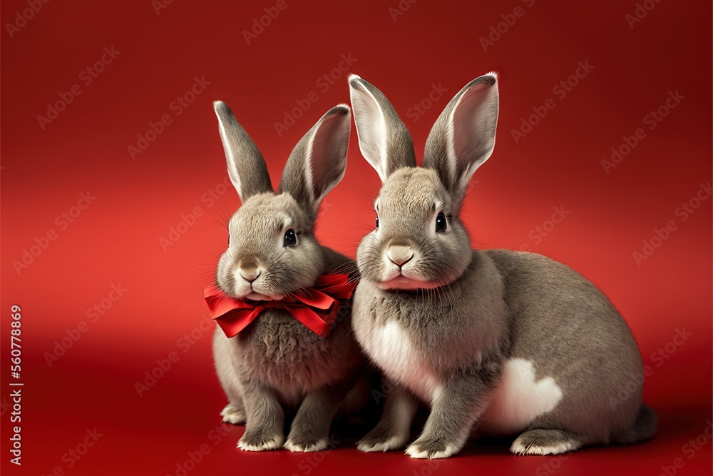 Poster two rabbits with ears and ears are sitting next to each other on a red background with a red bow tie