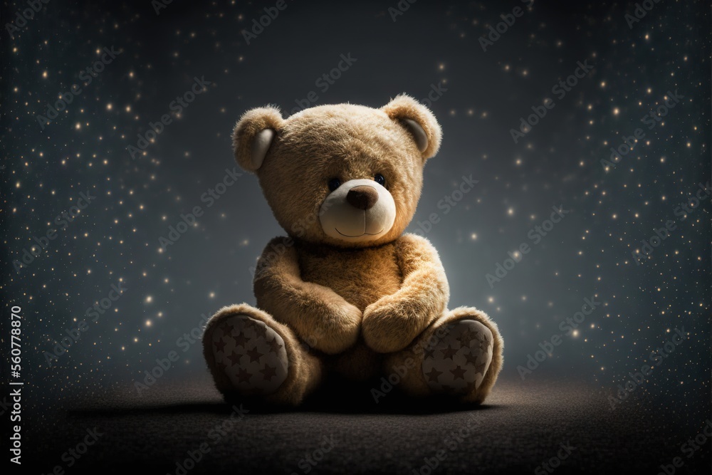 Poster a bear sitting on a black surface with stars in the background and a black background with a light s