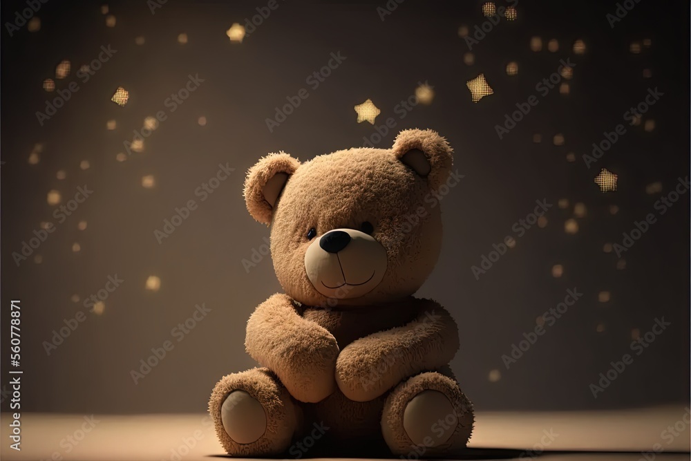Poster a bear sitting on a floor with stars in the background and a light shining on the ground behind it, 