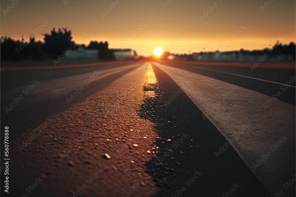 Poster a road with a sunset in the background and a line of trees on the side of the road in the foreground