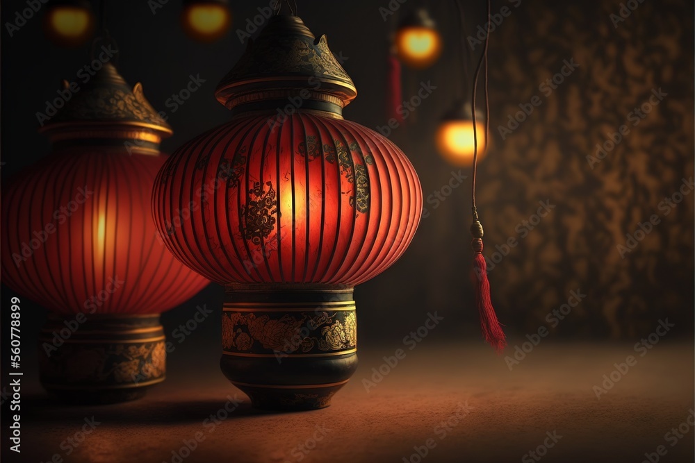 Poster three red lanterns with a red tassel hanging from them on a table with a wallpapered background and 