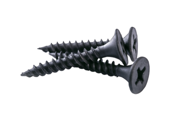 Group of new metal black screws isolated on a transparent background in close-up.