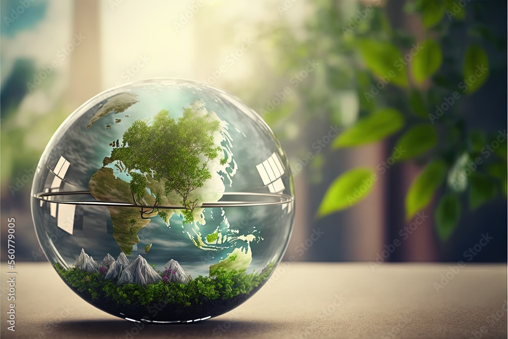 Poster a glass globe with a tree inside of it on a table next to a plant and a window with a view of the ea