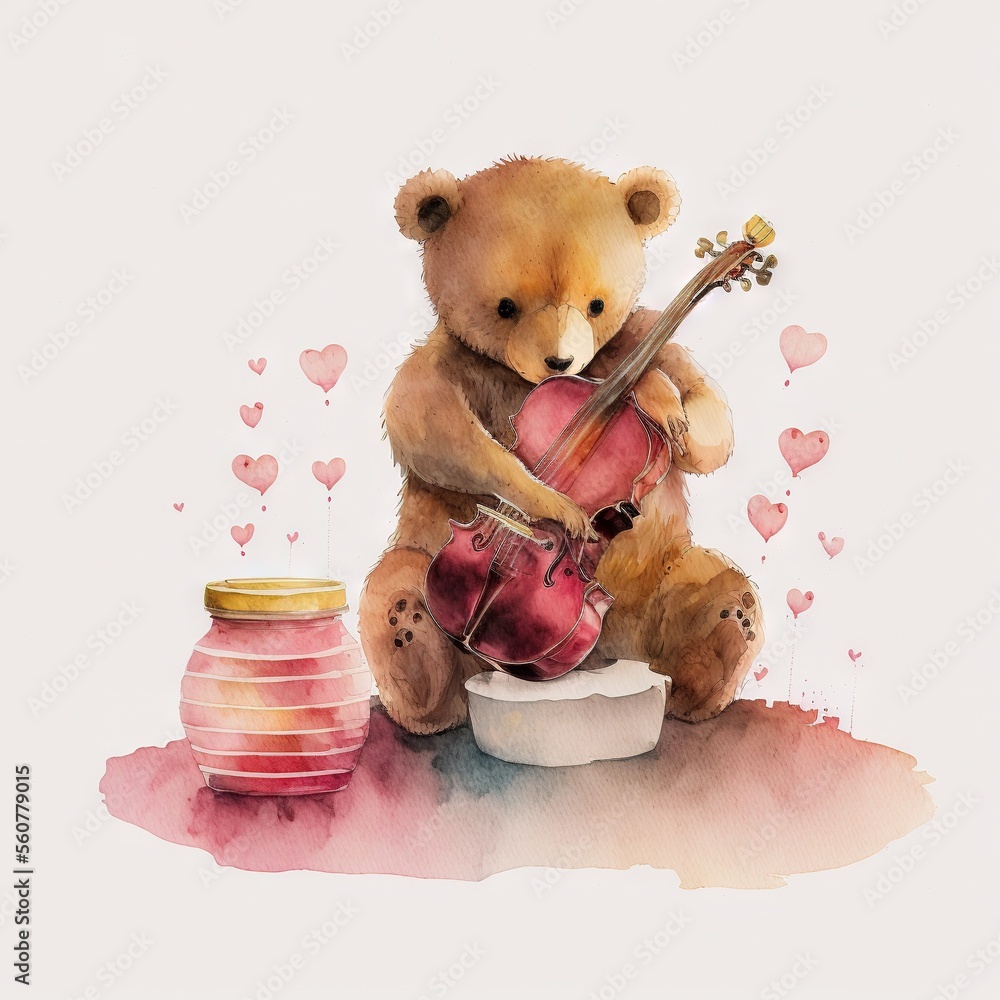 Poster a bear playing a violin on a table with honey jars and honey jars around it, and a honey jar with ho