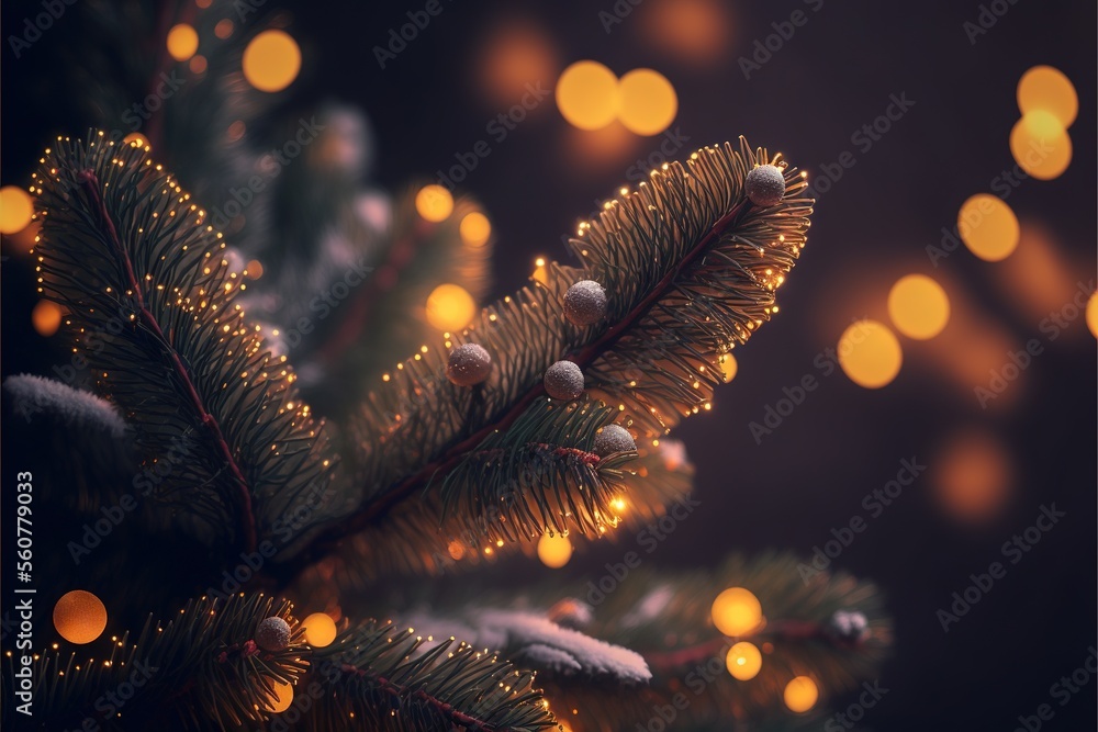 Poster a pine tree with a lot of lights on it's branches and a blurry background of lights in the backgroun