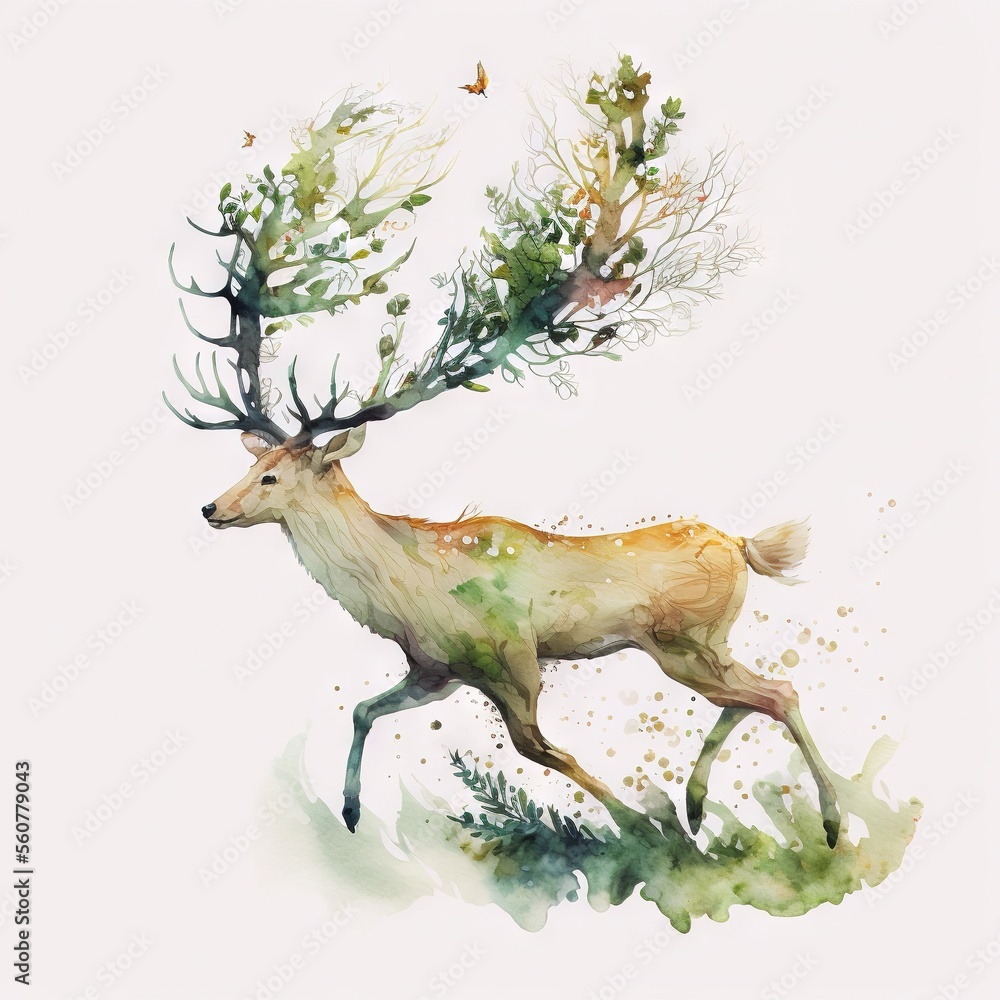 Aufkleber a painting of a deer with a tree on its back and a bird flying above it, with a white background and