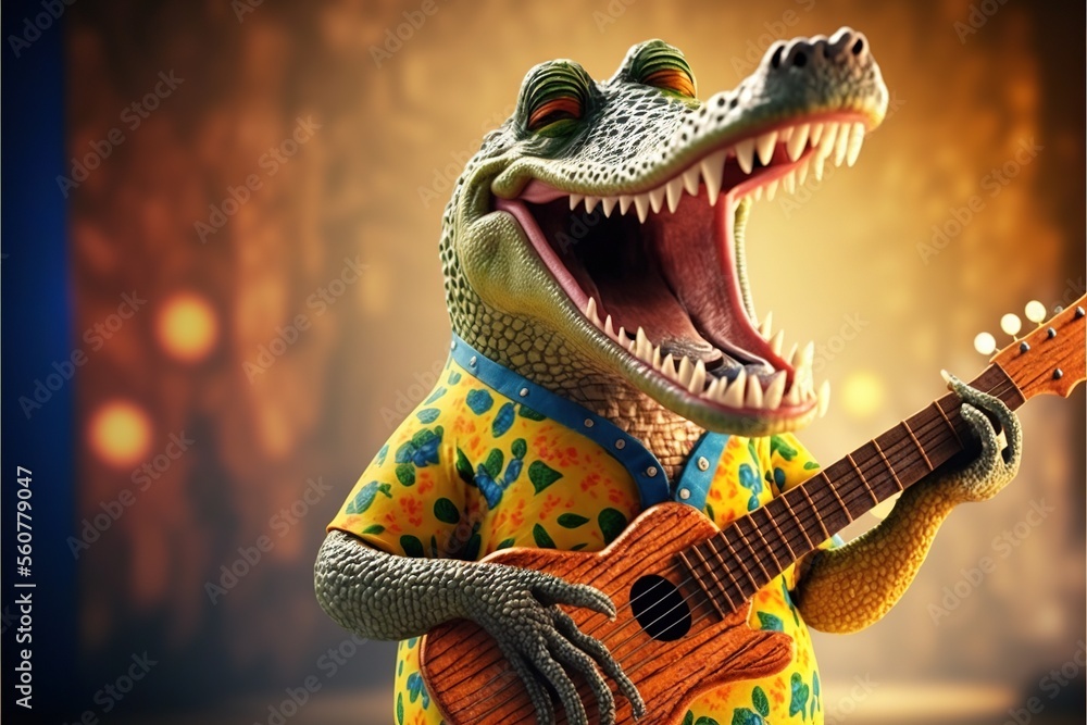Poster a toy alligator playing a guitar with its mouth open and teeth wide open, with a blurred background 