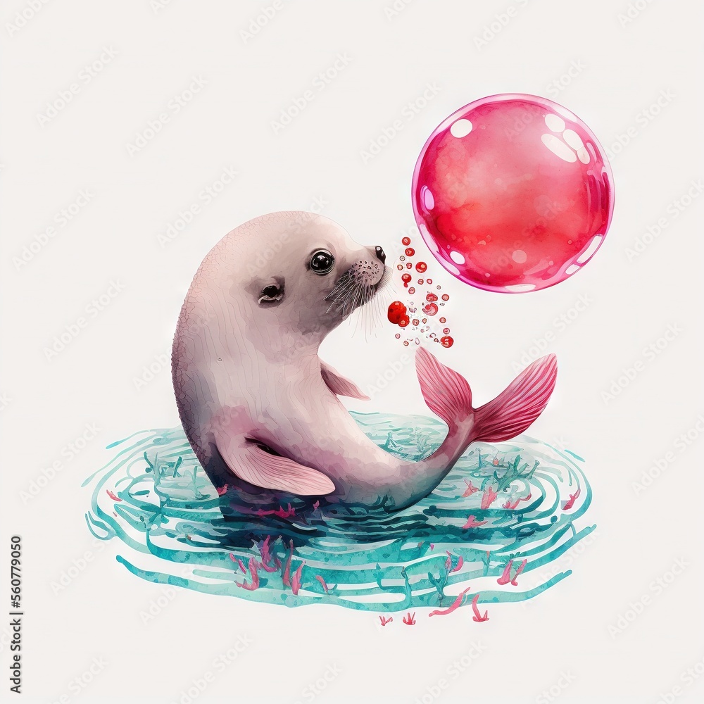 Poster a seal is playing with a red ball in the water and bubbles are floating around it's body and its tai