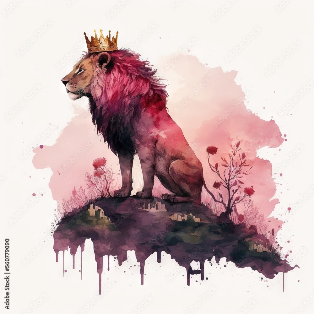 Poster a lion with a crown on top of it's head sitting on a rock with a tree in the background and a pink s
