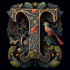 The letter T as an illuminated letter using various birds