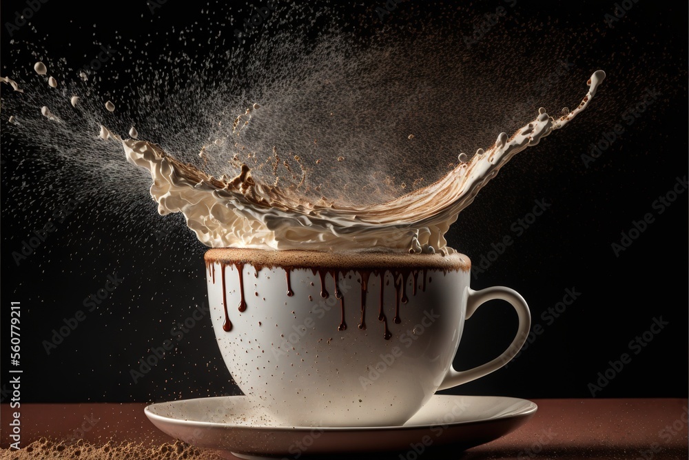 Poster a cup of coffee with a splash of milk on top of it and a saucer with a spoon in it and a spoon in th