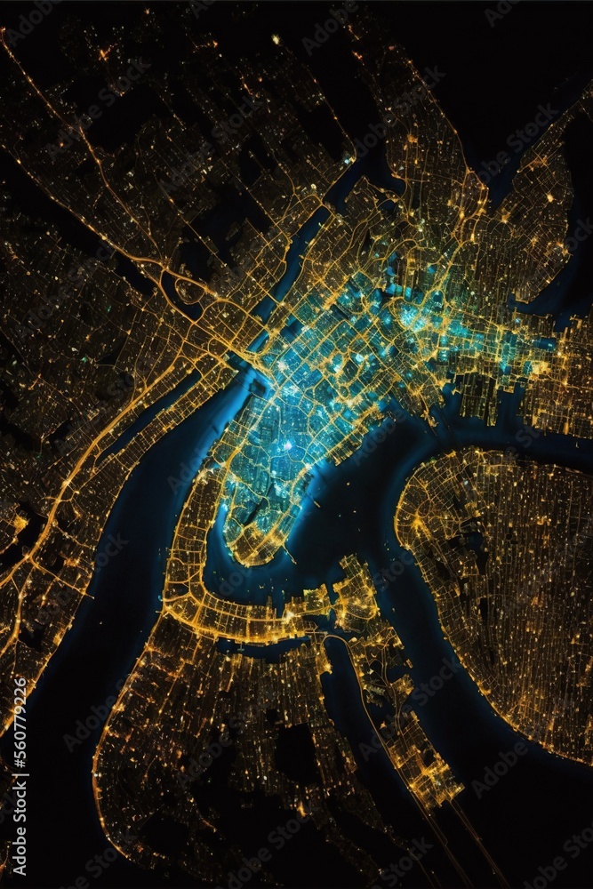 Poster a city at night with lights on and a river running through it's center area, and a river running thr