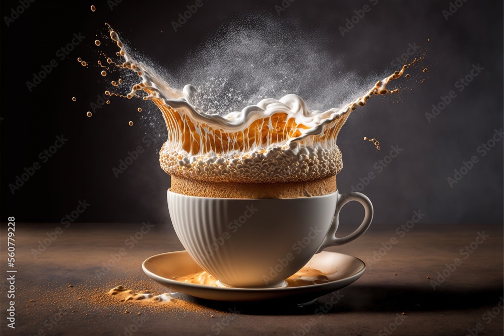 Poster a cup of coffee with a splash of milk on top of it and a saucer on the side of the cup, on a dark ba