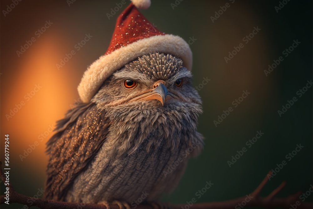 Poster a bird with a santa hat on sitting on a branch with a blurry background and a blurry background behi