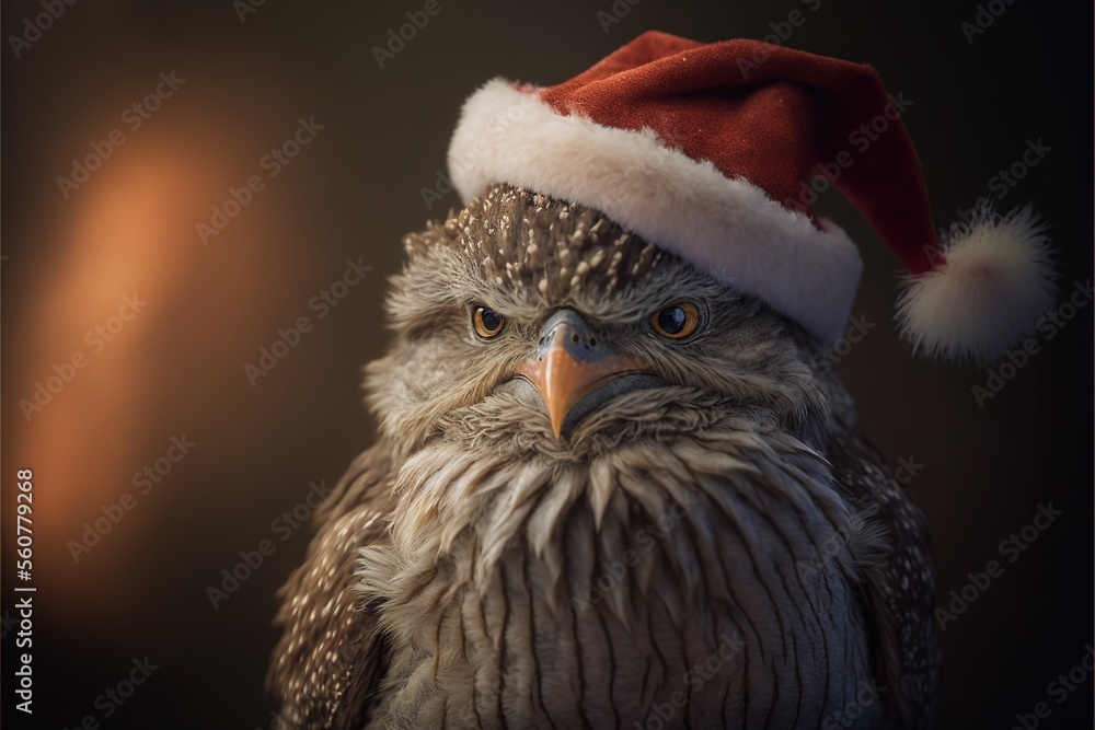 Poster a bird with a santa hat on its head and a feathery tail and a nose is looking at the camera with a b