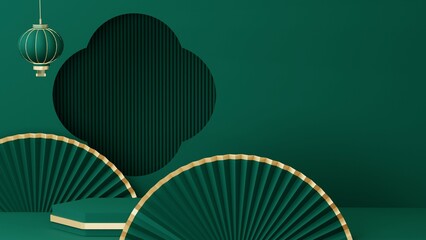 Green Chinese New Year celebrations , Festive gift card templates with realistic 3D design elements, holiday banners, web posters, flyers, and brochures, greeting cards . 3D Rendering