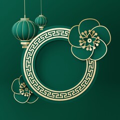 Green Chinese New Year celebrations , Festive gift card templates with realistic 3D design elements, holiday banners, web posters, flyers, and brochures, greeting cards . 3D Rendering