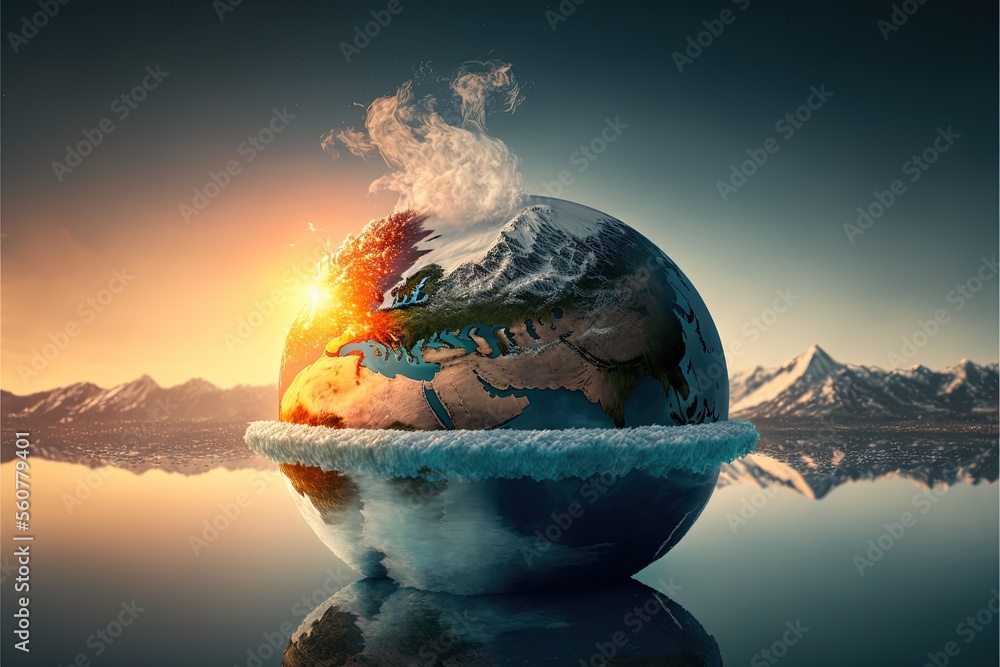 Poster a picture of a globe with a mountain in the background and a lake in the foreground with a reflectio