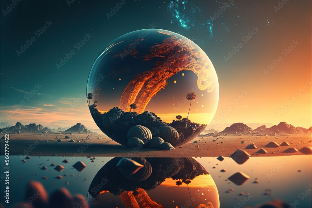 Poster a surreal scene with a large sphere and a reflection of a planet in the water and rocks and rocks on