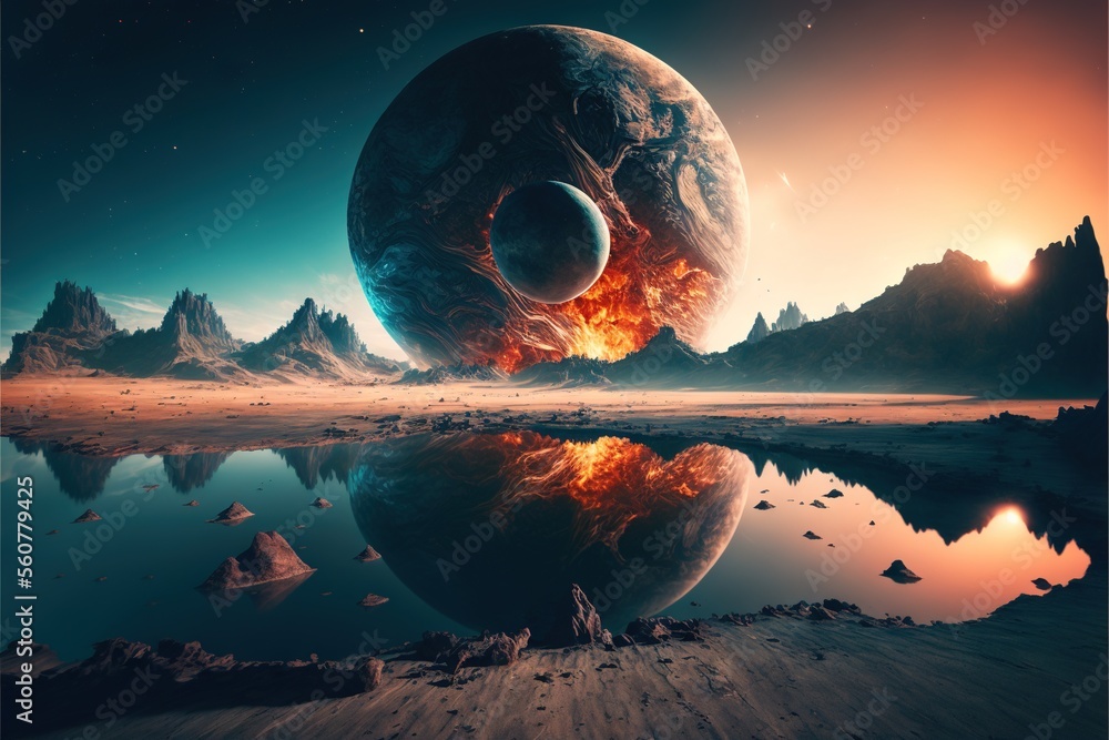 Poster a large planet with a fireball in the middle of it and mountains in the background, with a reflectio