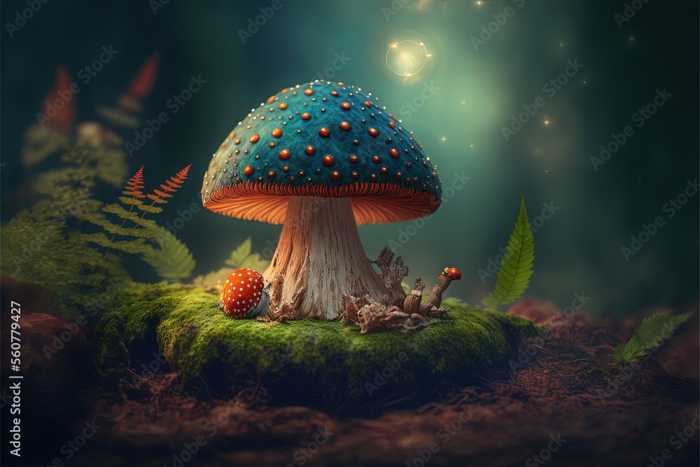 Aufkleber a mushroom with a blue cap and red dots on it sitting on a mossy ground in the dark forest with a fe