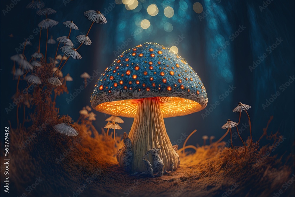 Poster a mushroom with a blue cap and red dots on it sitting in the middle of a forest with mushrooms and g