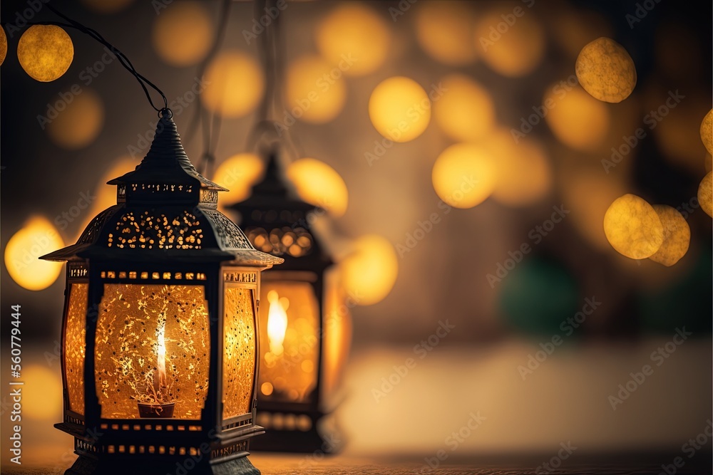 Poster a couple of lanterns that are on a table with lights in the background of them and a wall of lights 