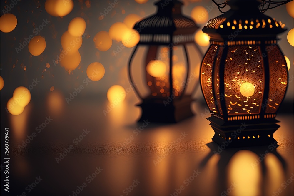 Poster a couple of lanterns that are on a table with lights in the background of them and a wall of lights 