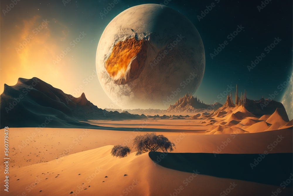 Poster a desert landscape with a huge planet in the background and a few trees in the foreground, with a di