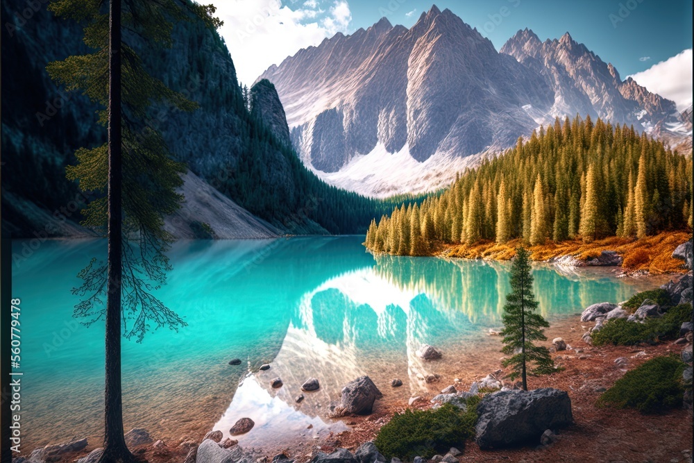 Poster a painting of a mountain lake with a forest in the background and a blue sky with clouds in the back