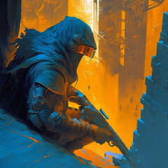 Fototapeta premium Cyberpunk Sniper Assassin, fantasy character, sci-fi - generative ai 