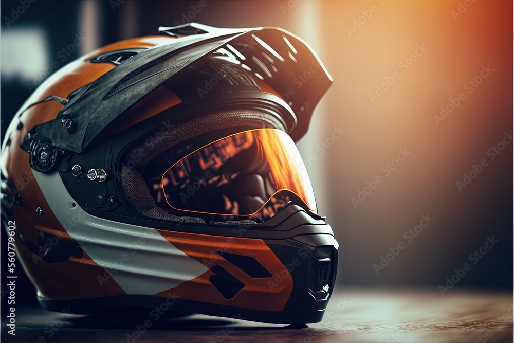 Poster a helmet with a visor on a table with a blurry background of a room with a door and a window in the 