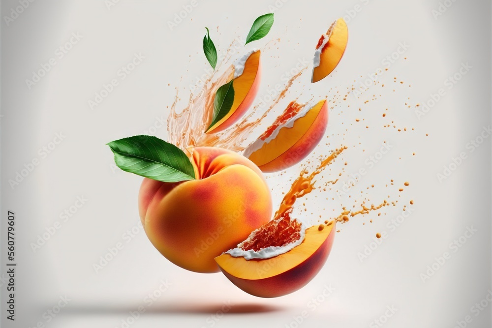 Poster a peach with leaves and powdered sugar splashing out of it's core and into the fruit with the juice 