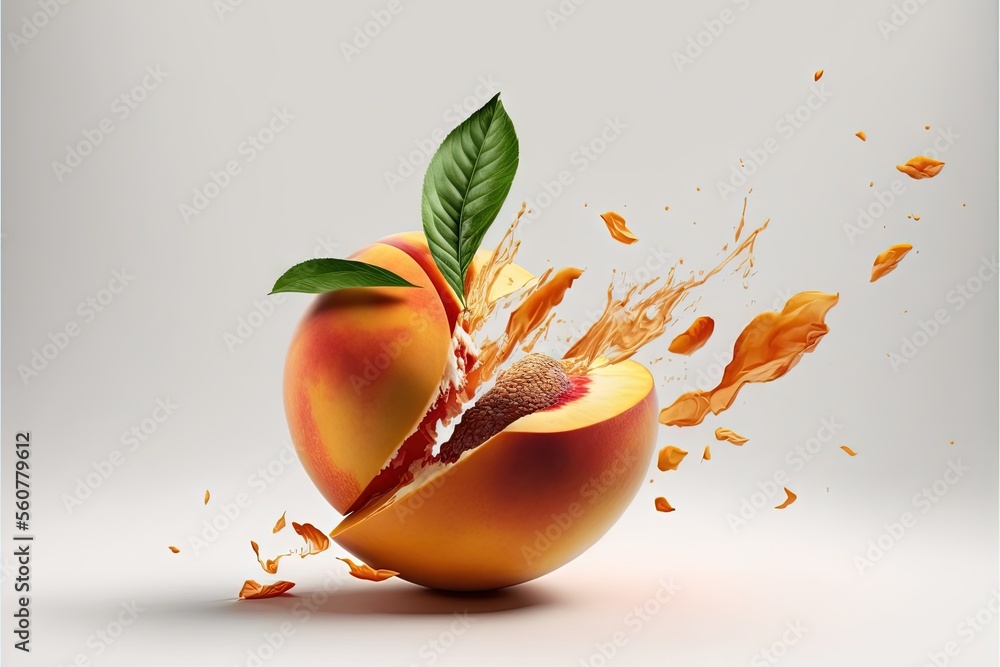 Poster a peach with a leaf and juice splashing out of it's core and into the peel, on a white background wi