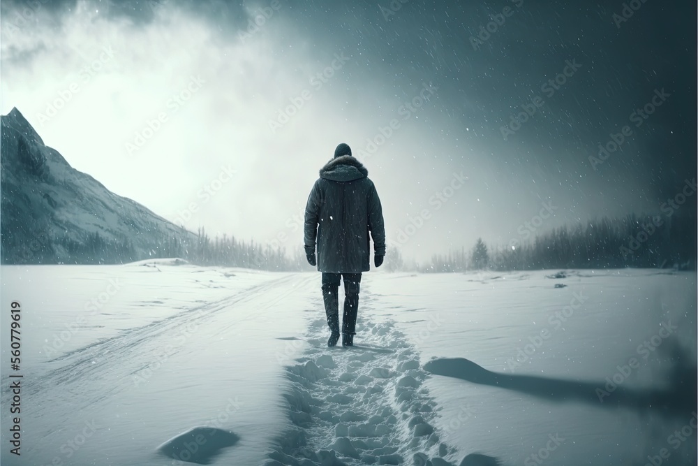 Poster a man walking in the snow towards a mountain range with a dark sky in the background and a trail in 
