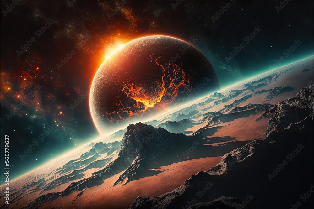 Poster a planet with a fireball in the middle of it and a mountain in the background with a bright orange g