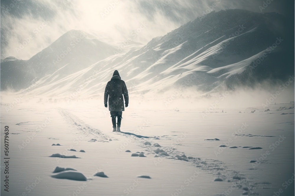Poster a person walking in the snow towards a mountain range with a foggy sky in the background and a trail
