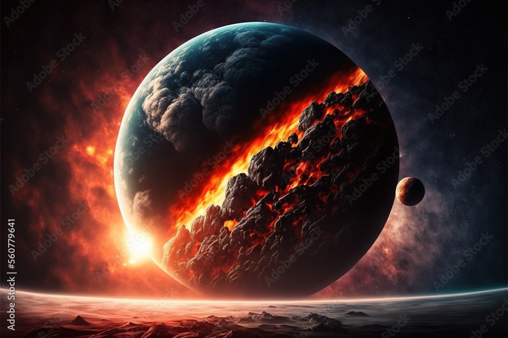 Poster a planet with a fire and smoke pattern in the middle of it and a sun in the background with clouds a