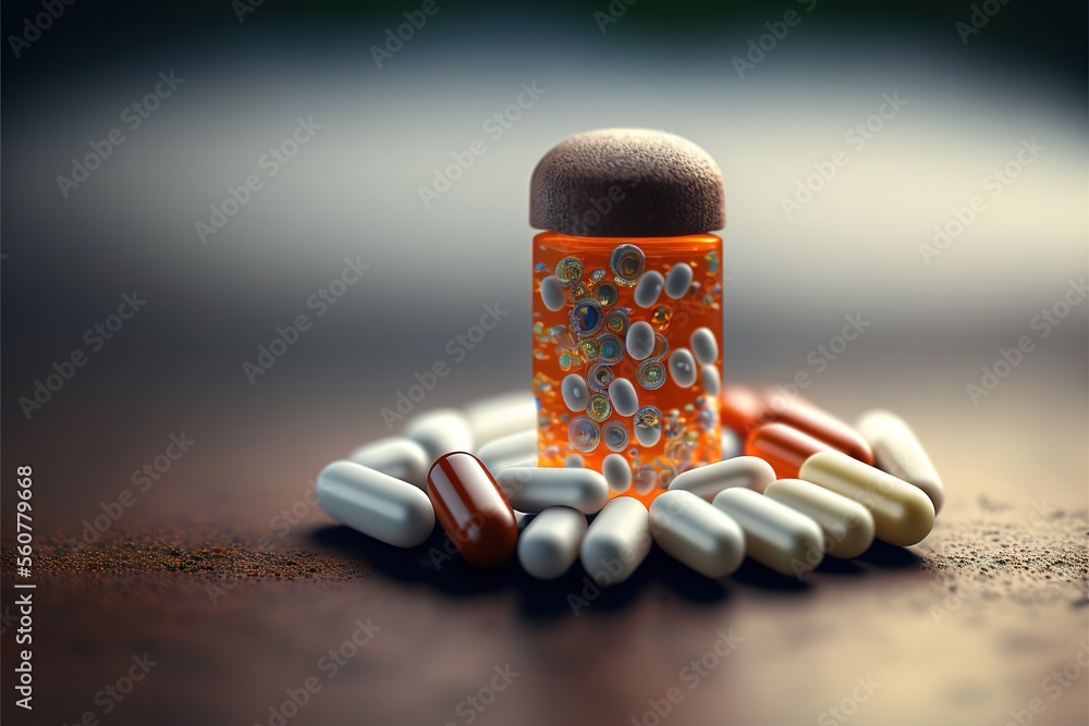 Poster a bottle of pills sitting on top of a table next to a pile of pills on the ground next to it are a p