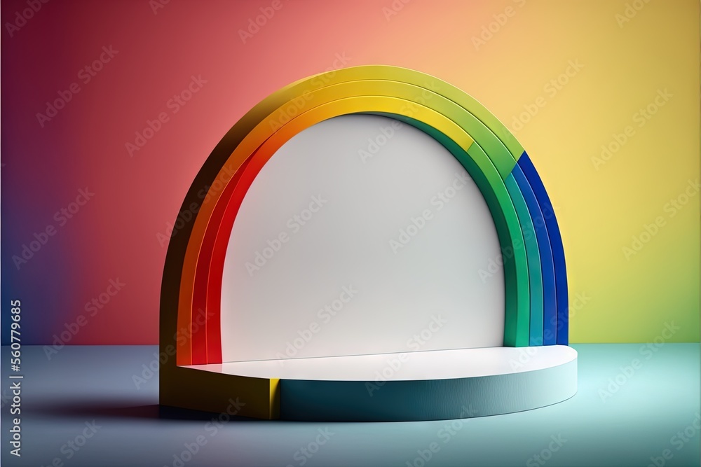 Poster a rainbow colored object on a table with a rainbow background and a white base with a gold edge on t