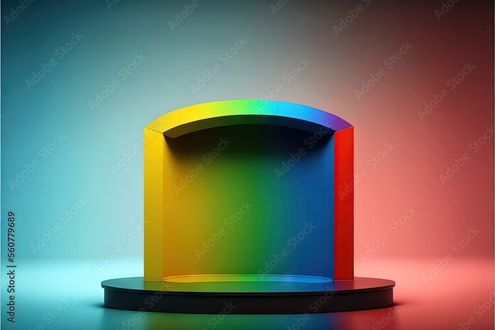 Poster a rainbow colored object on a black stand on a blue and red background with a red and green stripe o