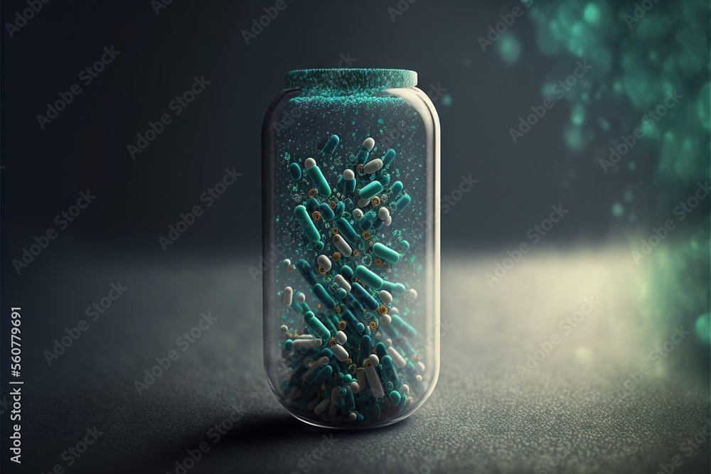Poster a jar filled with lots of green pills on a table next to a wall with a green light behind it and a b