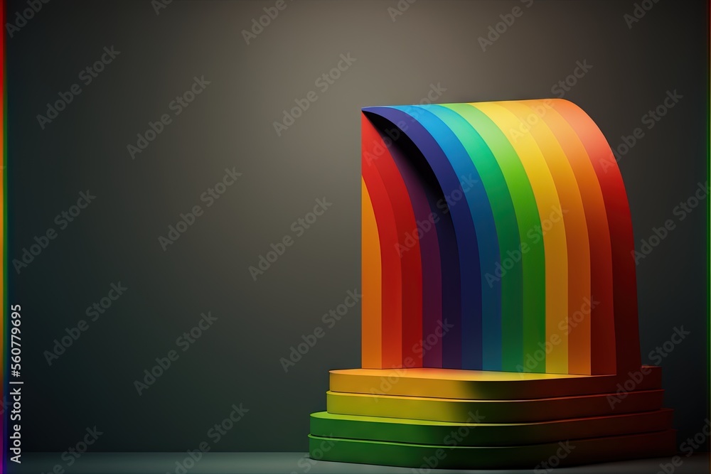 Poster a rainbow colored sculpture on a pedestal in a room with a black background and a rainbow colored ba